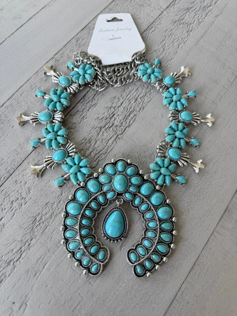 Western Fashion Turquoise Statement Squash Blossom Necklace - Women Jewelry